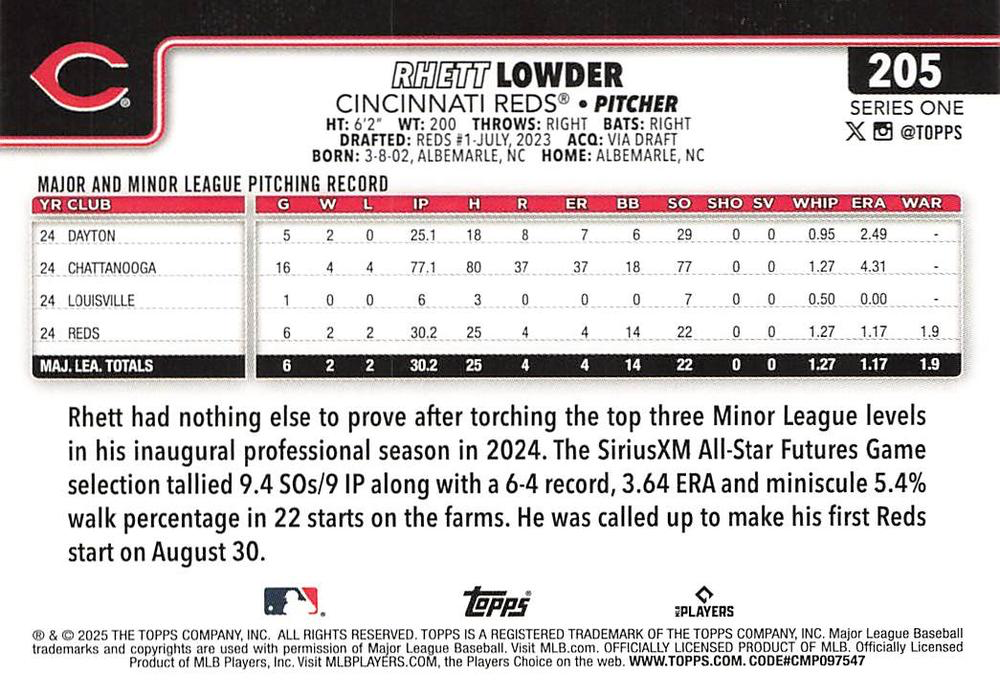 2025 Topps Series 1 Rhett Lowder RC Cincinnati Reds #205