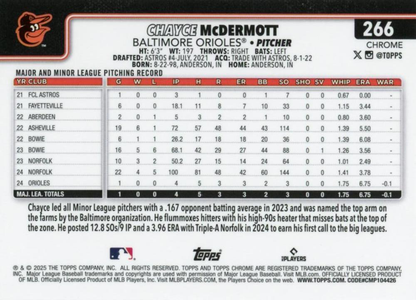 2025 Topps Chrome MLB Chayce McDermott RC #266 Baltimore Orioles