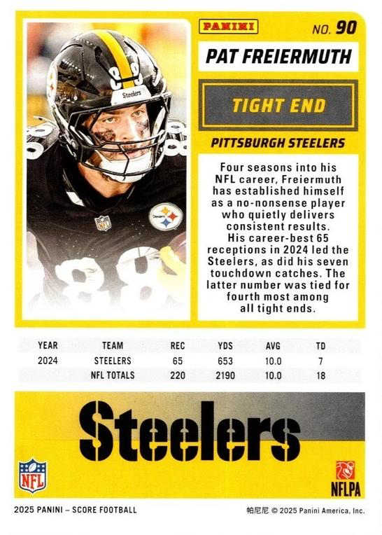 2025 Panini Score Pat Freiermuth #90 Pittsburgh Steelers