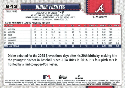 2026 Topps Series 1 Didier Fuentes RC #243 Atlanta Braves