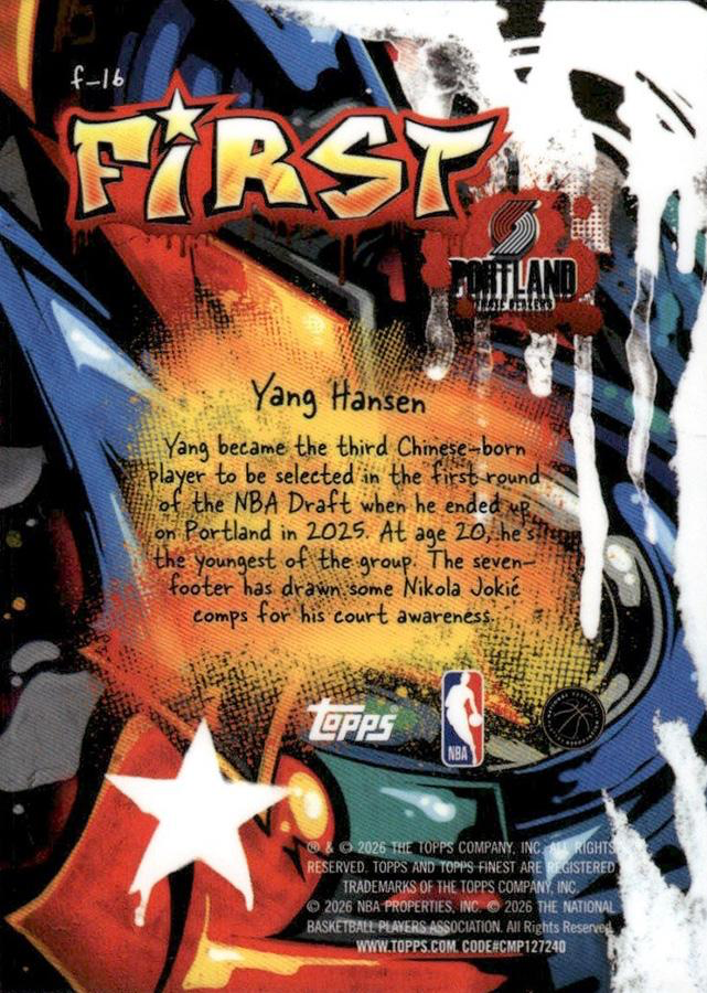 2025 Topps Finest NBA Yang Hansen RC #F-16 Portland Trail Blazers