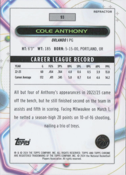 2023 Topps Chrome Cosmic Refractor Cole Anthony #93 Orlando Magic