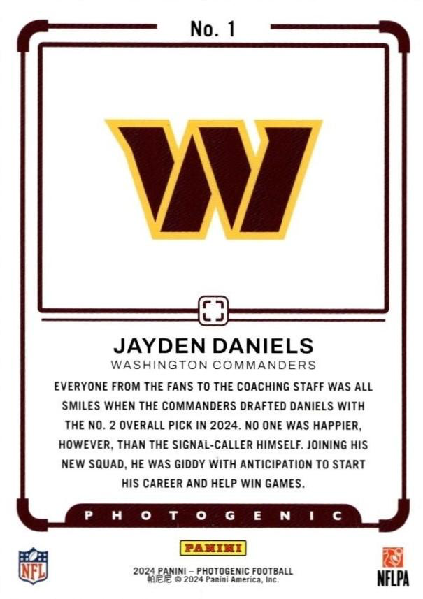 2024 Panini Photogenic Draft Snapshots Jayden Daniels #1 Washington Commanders