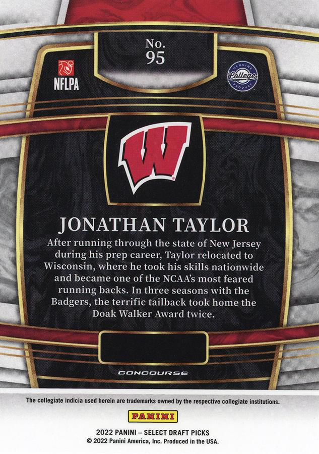 2022 Panini Select Draft Picks Blue Jonathan Taylor #95 Wisconsin Badgers
