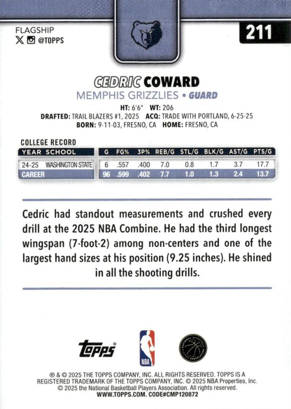 2025 Topps NBA Cedric Coward RC #211 Memphis Grizzlies
