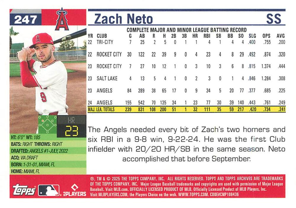 2025 Topps Archives Zach Neto #247 Los Angeles Angels