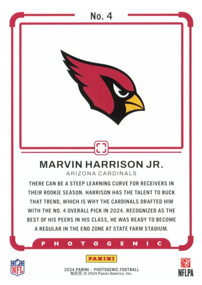2024 Panini Photogenic Draft Snapshots Marvin Harrison Jr. #4 Arizona Cardinals