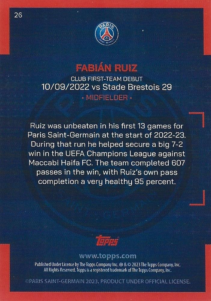 2022 Topps PSG Team Set Fabián Ruiz #26 Paris Saint-Germain