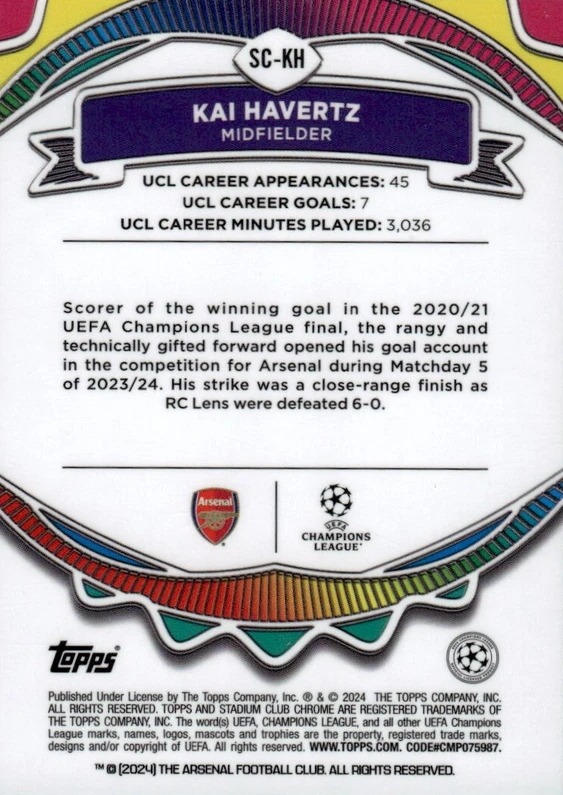 2023 Topps Stadium Club Chrome UCC Say Cheese Kai Havertz SC-KH Arsenal FC