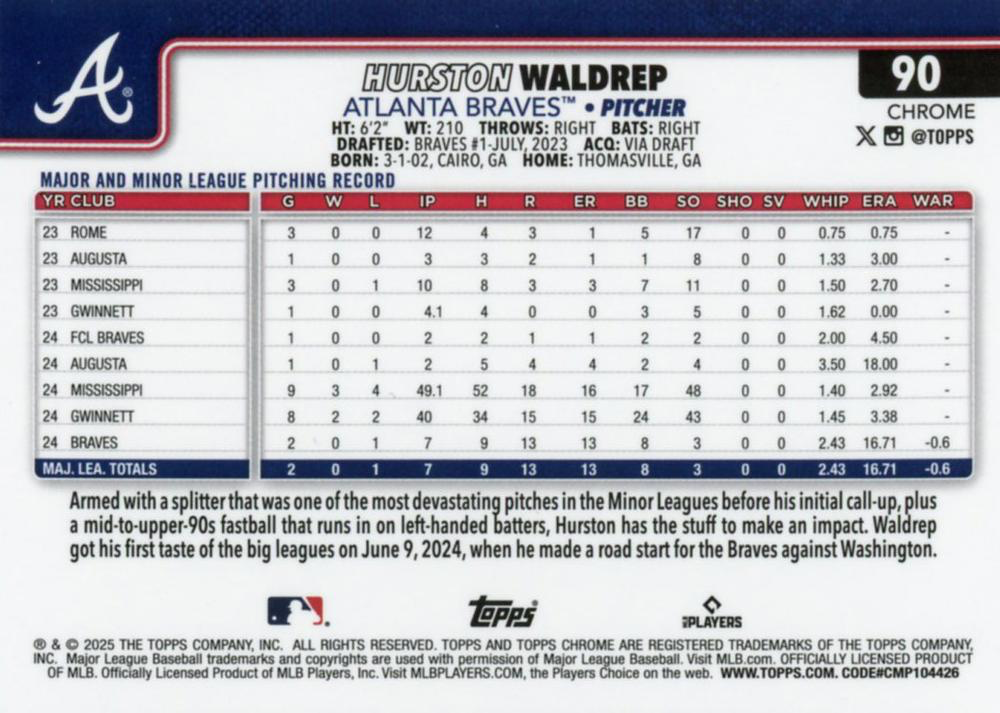 2025 Topps Chrome MLB Hurston Waldrep RC #90 Atlanta Braves
