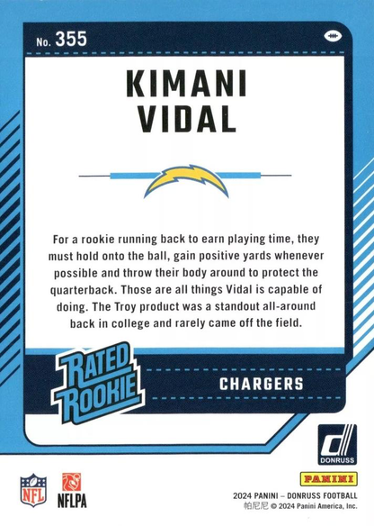 2024 Panini Donruss Kimani Vidal Rated Rookie RC #355 Los Angeles Chargers