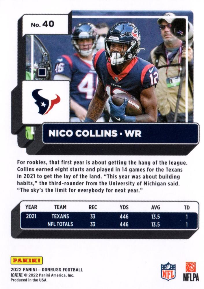 2022 Panini Donruss Nico Collins #40 Houston Texans