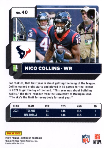 2022 Panini Donruss Nico Collins #40 Houston Texans