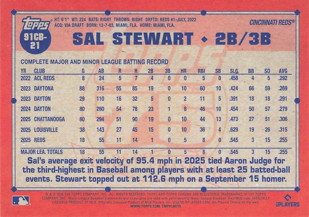 2026 Topps Chrome 1991 35th RC Sal Stewart #91CB-21 Cincinnati Reds