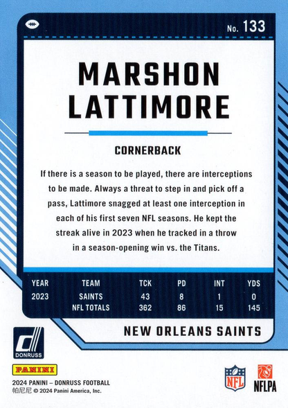 2024 Panini Donruss Marshon Lattimore #133 New Orleans Saints