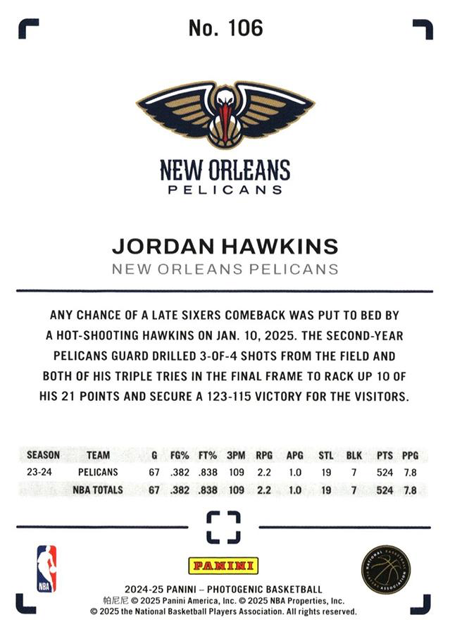 2024 Panini Photogenic Jordan Hawkins #106 New Orleans Pelicans