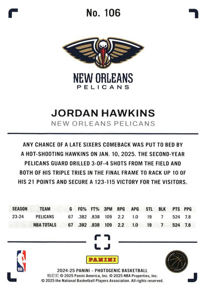 2024 Panini Photogenic Jordan Hawkins #106 New Orleans Pelicans