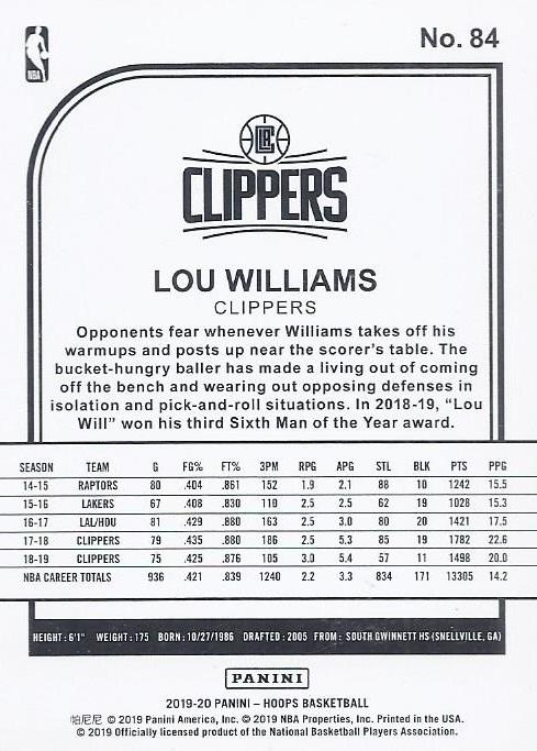 2019 Panini Hoops Lou Williams #84 Los Angeles Clippers