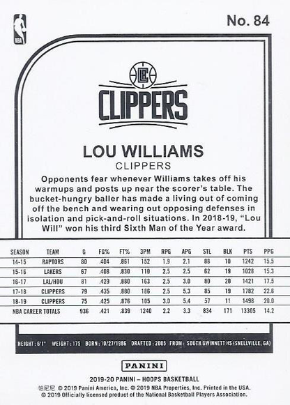 2019 Panini Hoops Lou Williams #84 Los Angeles Clippers
