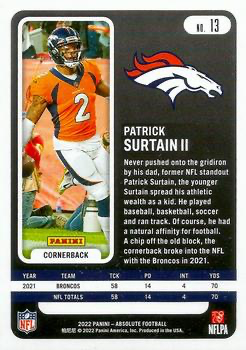 2022 Panini Absolute Green Parallel Patrick Surtain II #13 Denver Broncos