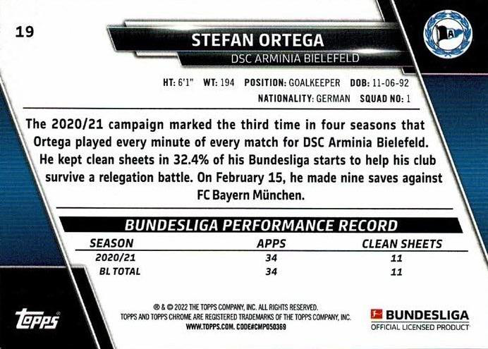 2021 Topps Chrome Bundesliga Stefan Ortega #19 DSC Arminia Bielefeld