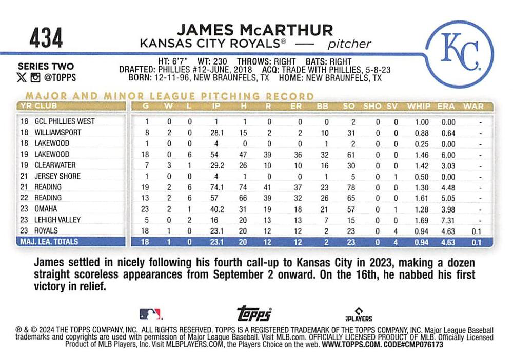 2024 Topps Series 2 James McArthur RC Kansas City Royals #434