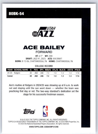 2025 Topps NBA 1980-81 Topps Basketball Ace Bailey 80BK-54 Utah Jazz