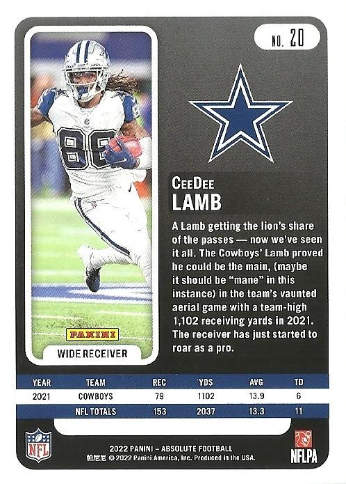 2022 Panini Absolute CeeDee Lamb #20 Dallas Cowboys