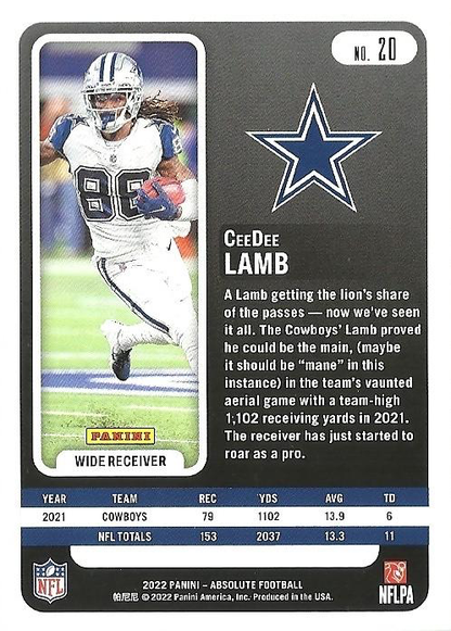 2022 Panini Absolute CeeDee Lamb #20 Dallas Cowboys