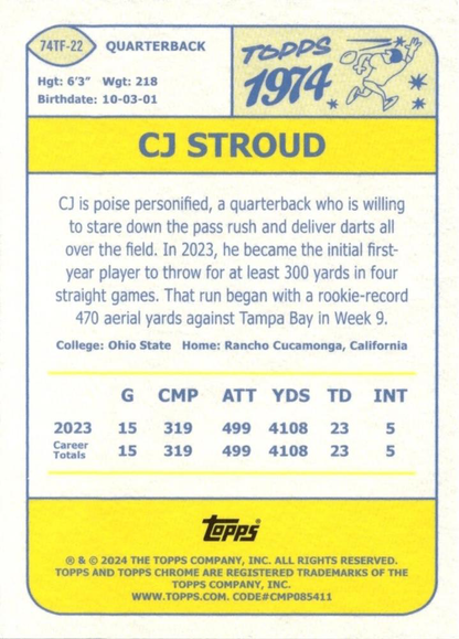 2024 Topps Chrome 1974 Topps Football CJ Stroud #74TF-22 Houston Texans