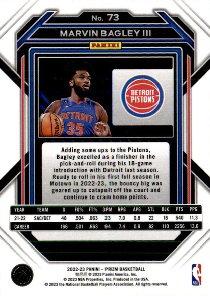 2022 Panini Prizm Marvin Bagley III #73 Detroit Pistons