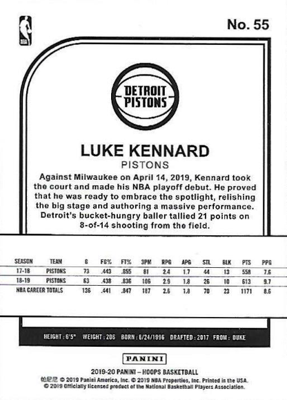 2019 Panini Hoops Luke Kennard #55 Detroit Pistons