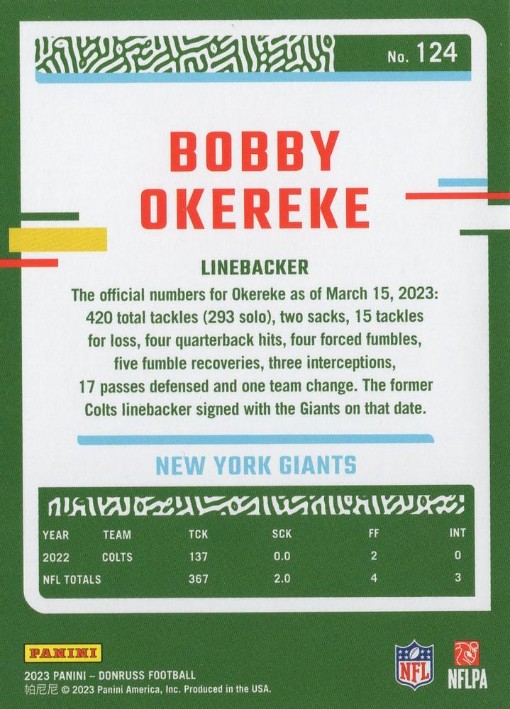 2023 Panini Donruss Bobby Okereke #124 New York Giants