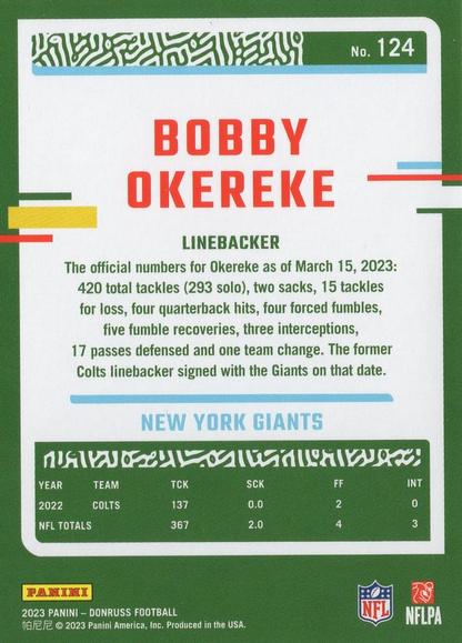 2023 Panini Donruss Bobby Okereke #124 New York Giants