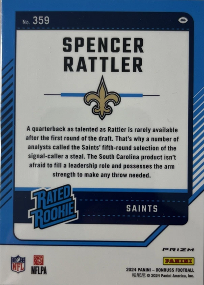 2024 Panini Donruss Optic Rated Rookies Preview Pink Spencer Rattler #359 New Orleans Saints