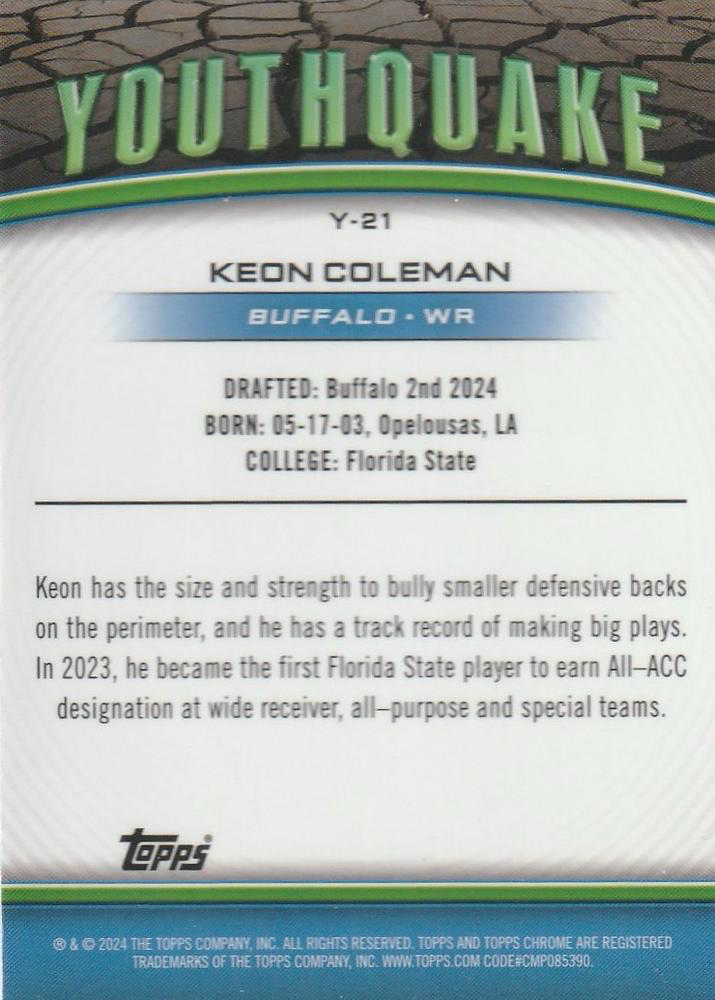 2024 Topps Chrome Youthquake Keon Coleman #Y-21 Buffalo Bills