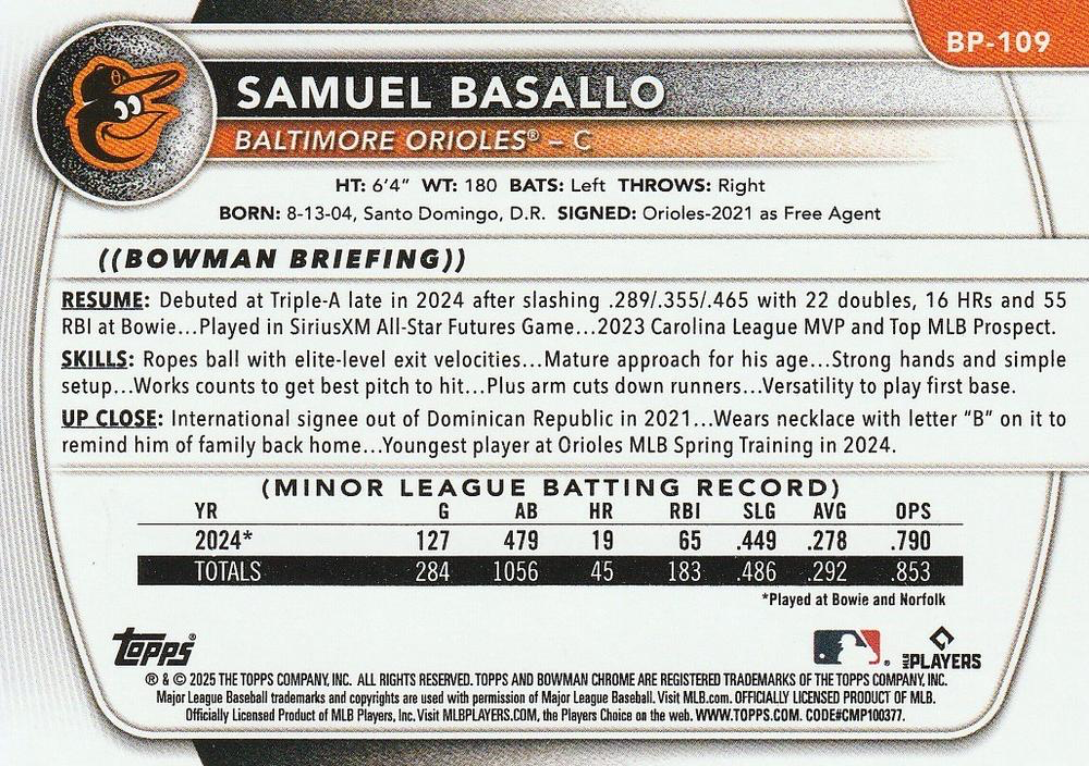 2025 Topps Bowman Prospects Samuel Basallo Baltimore Orioles #BP-109