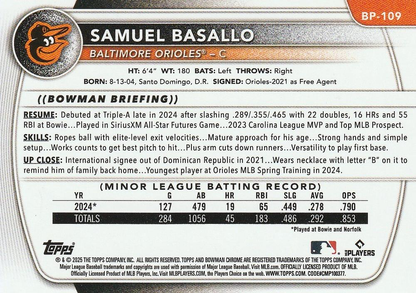 2025 Topps Bowman Prospects Samuel Basallo Baltimore Orioles #BP-109