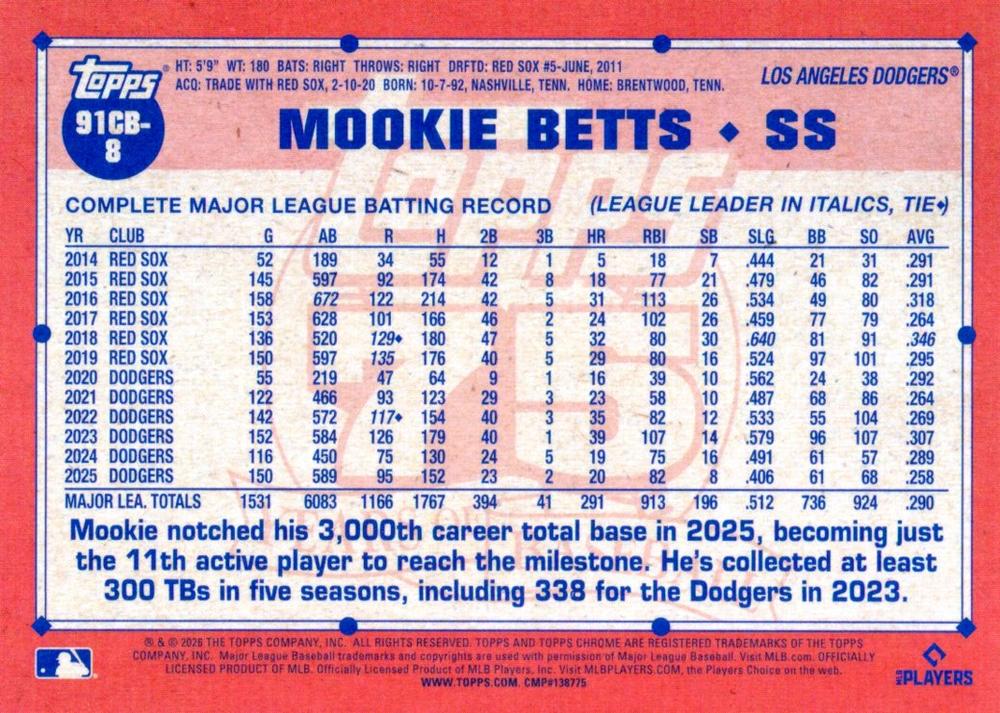2026 Topps Chrome 1991 35th Mookie Betts #91CB-8 Los Angeles Dodgers